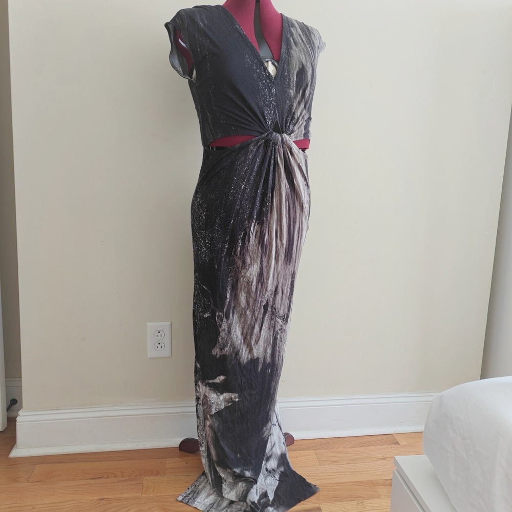 Religion Black Grey Twist Knot Cut Out Maxi Dress Tie-Dye Large NWT Side Slits